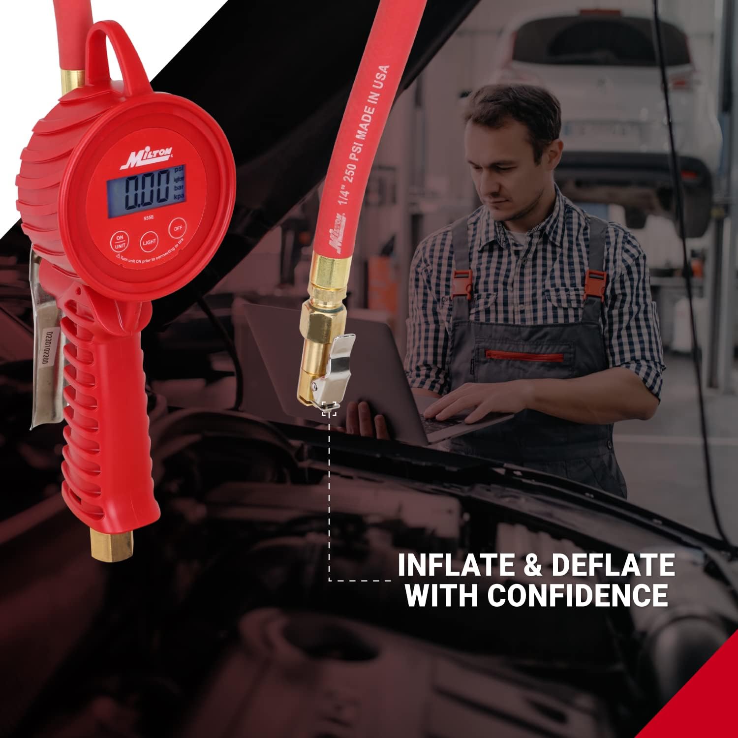 Milton 555e: Precision Digital Tire Inflator, Air Pressure Gauge, Grip-Head Air Chuck, 20" Hose, 1/4" Npt, W/Extreme ± 0.1& Accuracy, 10-120 Psi
