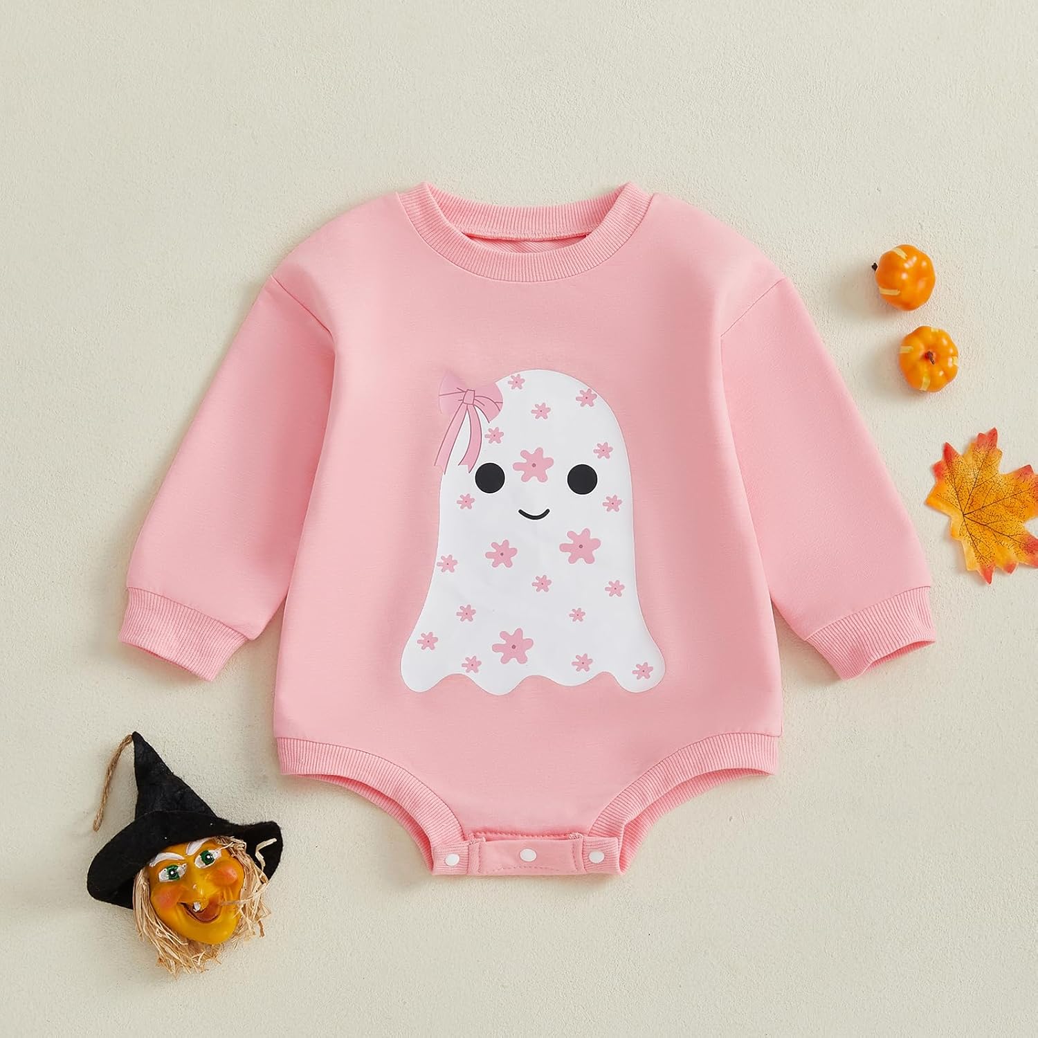 Rtnnsbbfcm Newborn Baby Girl Halloween Outfit Long Sleeve Floral Ghost Print Sweatshirt Bubble Romper Fall Clothes - Image 2