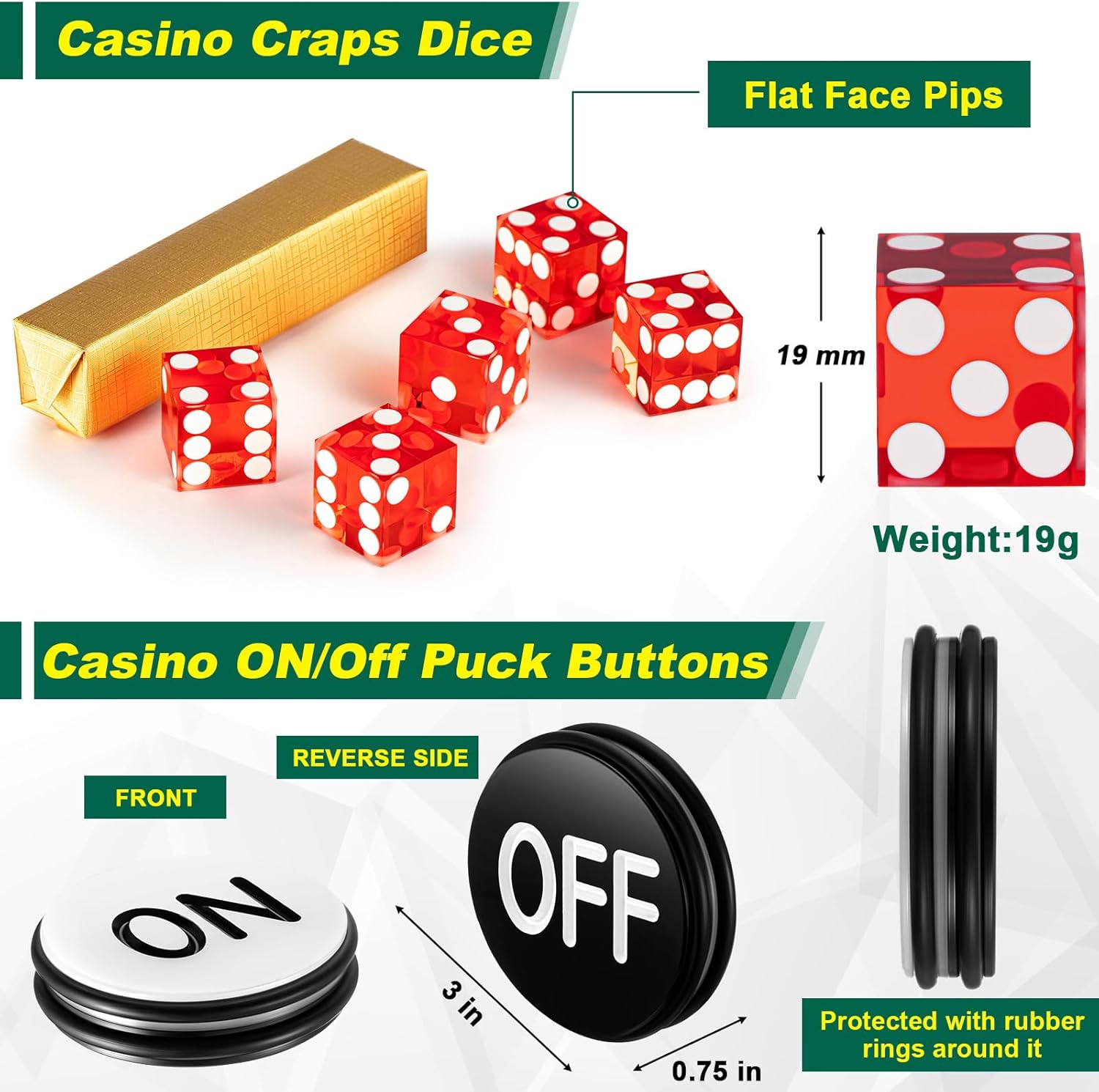 Leyndo Craps Tabletop Game Set, Includes 24" Craps Rattan Stick, Casino Grade AAA 19 mm Dice, 3" Craps ON/Off Poker Button for Craps Game Table