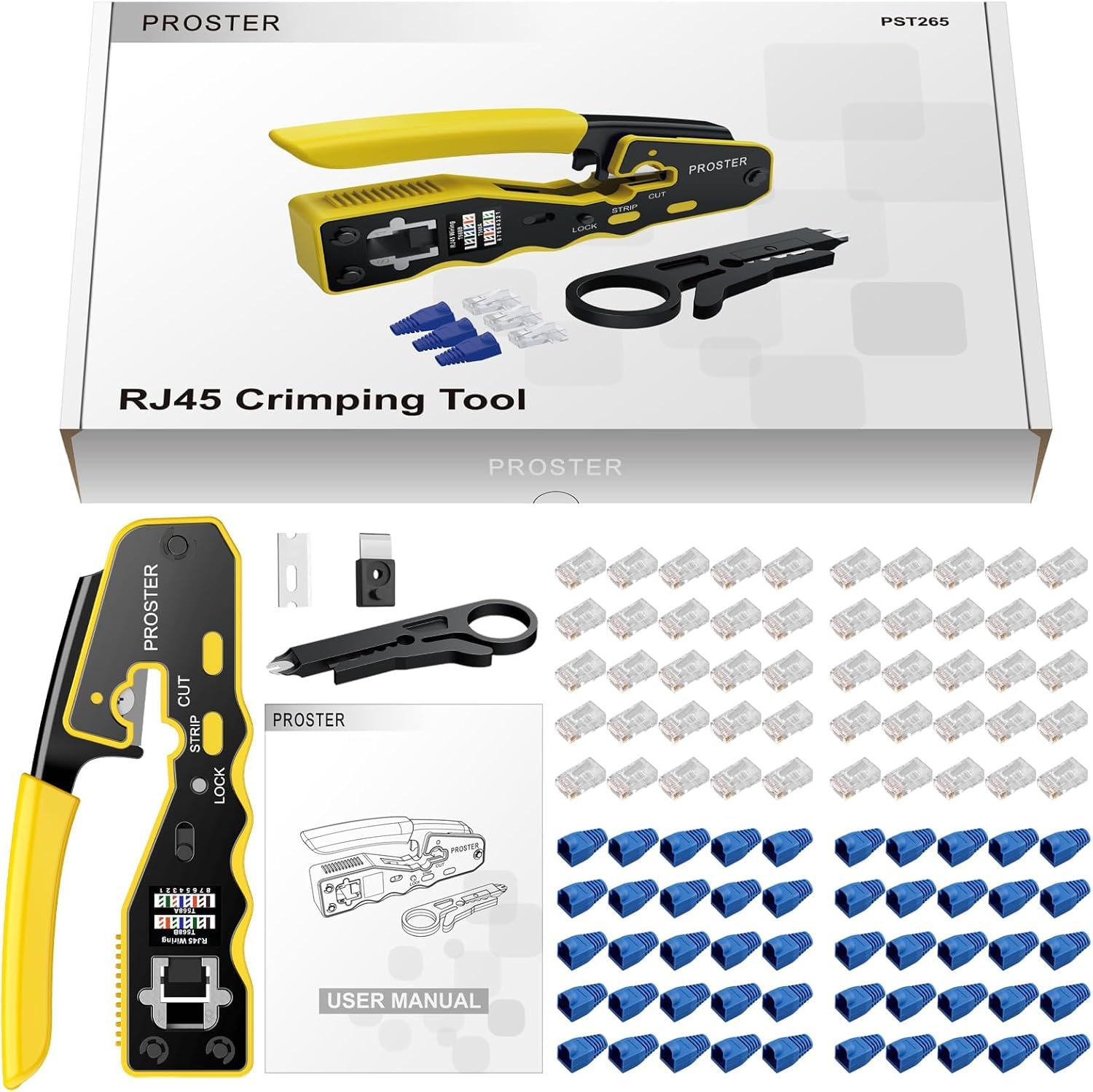Proster Zestaw narzędzi do zaciskania RJ45 – zaciskacz przelotowy RJ45 do Cat6 Cat6a Cat5 Cat5e z 50 szt. złączami przelotowymi CAT6, 50 szt. pokrowców ochronnych Cat6, narzędzie do zaciskania