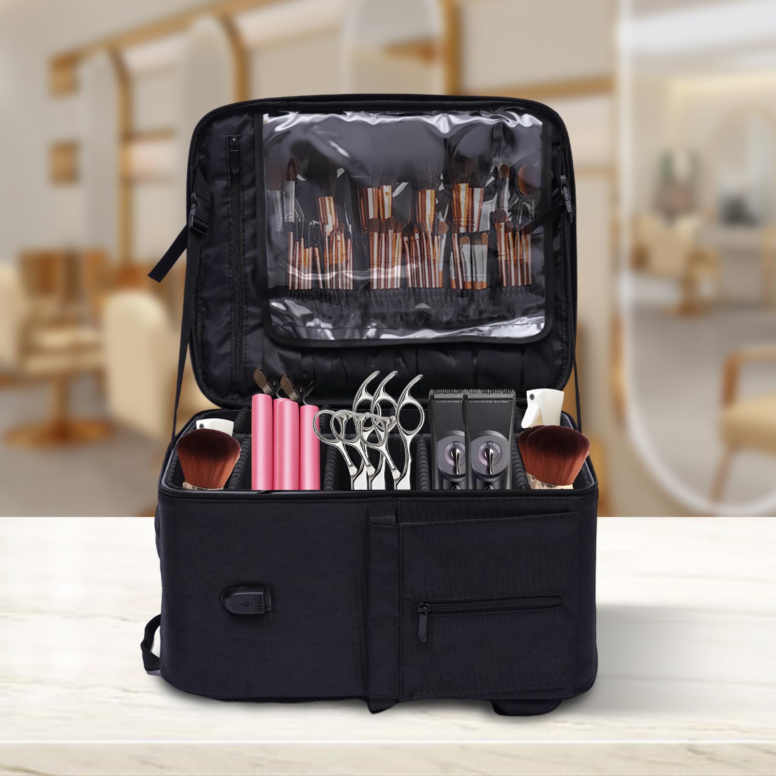 Neceser de maquillaje, grande, profesional, organizador de maquillaje, maletín de viaje, con correa ajustable y divisores para mujeres maquilladoras, Negro , NO