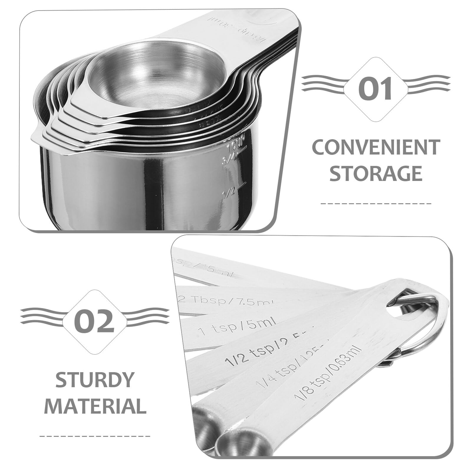 Homoyoyo 2 ensembles Set de Cuillères et Tasses à Mesurer Acier Inoxydable Cuillères Doseuses Inox Robustes Suspension pour Ingrédients Secs et Liquides Cuisine et Pâtisserie