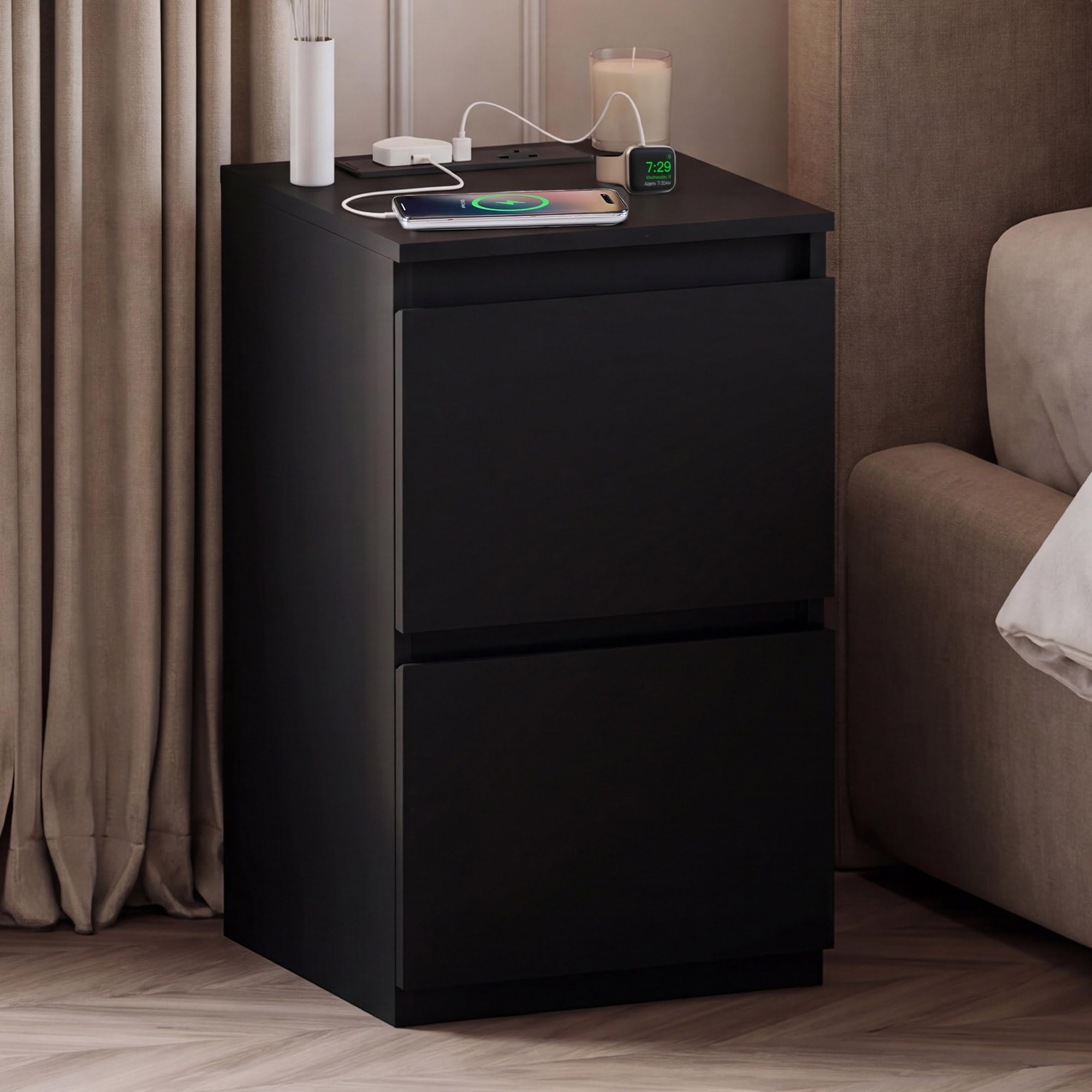 Vida Designs Denver 2 Drawer Bedside Cabinet Black - Compact Space-Saving Nightstand with power outlet - 52H x 29.5W x 29.5D cm - Ideal for Bedroom & Guest Room