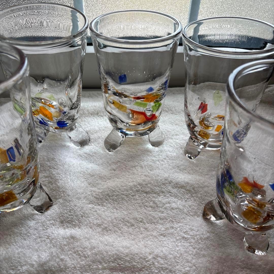 津軽びいどろ 浪漫ガラス 琉球ガラス 足付き5個 手作り 津軽びいどろ