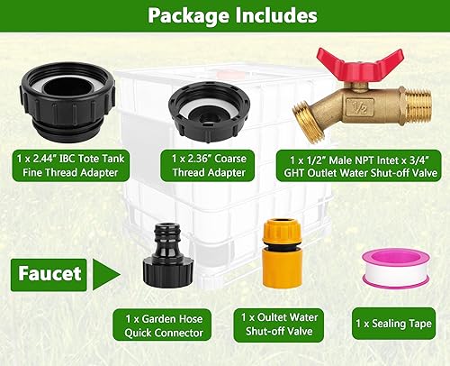 Miniatura 7 de IBC - Adaptador de bolsa de 275-330 galones a manguera de jardín con válvula de rosca fina de 2.44 pulgadas + grifo de manguera de latón + conector