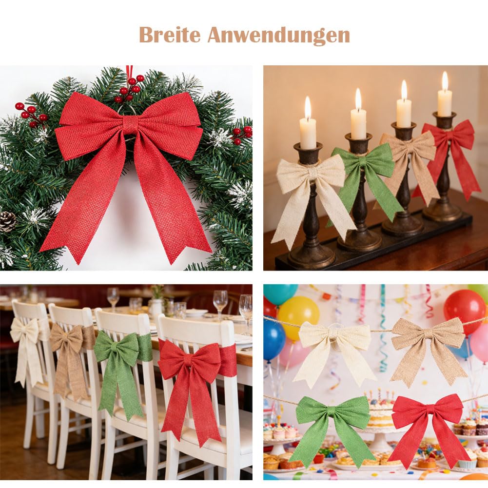 Lazos decorativos de 12 unidades, 21 x 25 cm, lazos de yute, grandes lazos de regalo, lazos de Navidad, lazos decorativos de lino, para casa, fiesta, boda, silla, decoración