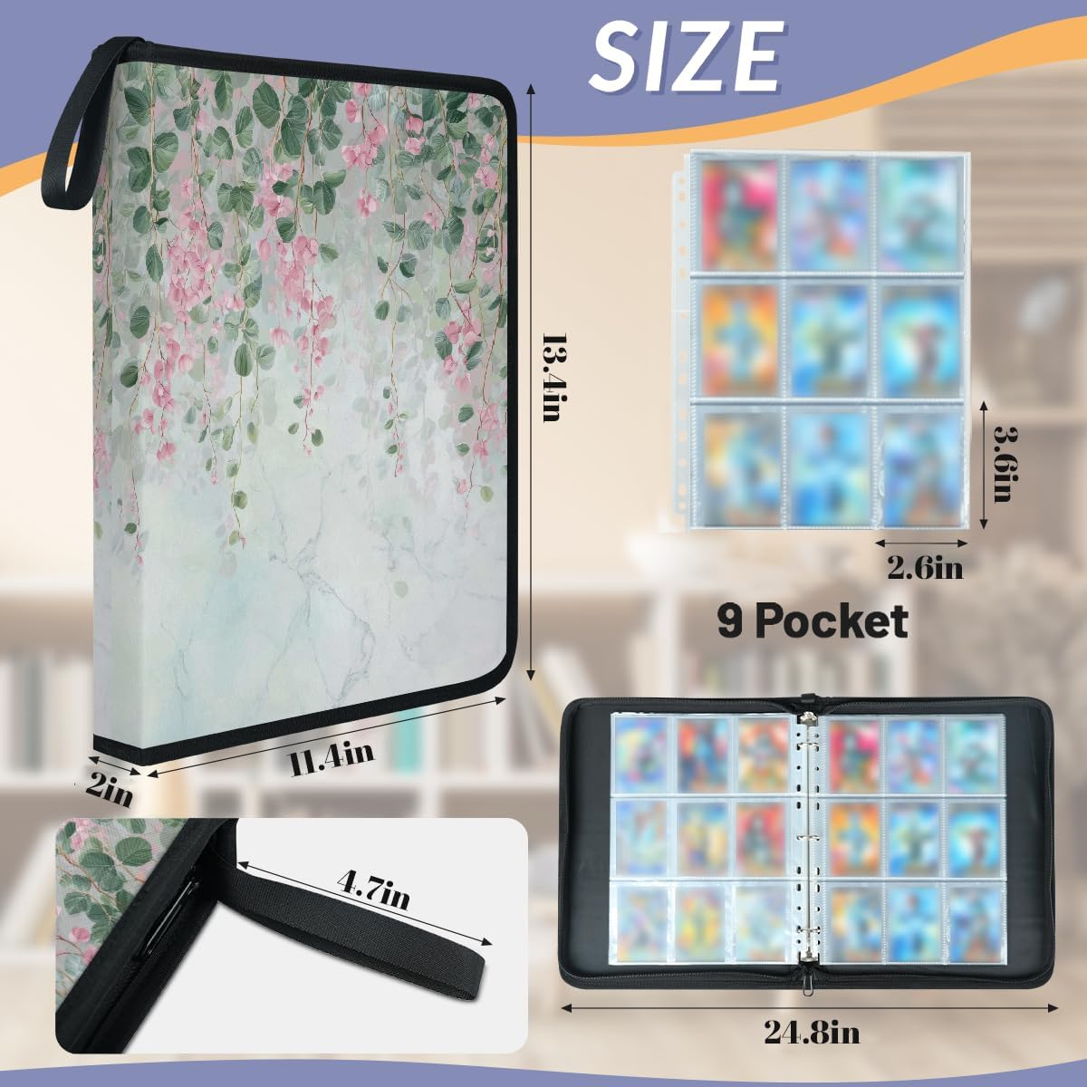 Card Binder 9 Pocket with 50 Removable Sleeves - Holds 900 Trading Cards, Pink Hanging Leaves Vine 3-Ring Zip Top Loader Binder, Protective Album for Collectors