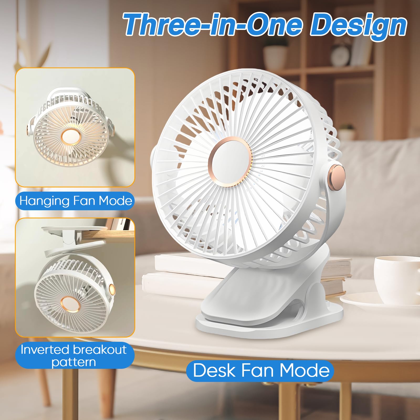 Doppelkopf Clip Ventilator, 360° drehbarer USB Klemmventilator mit 5 Geschwindigkeiten Leise, Akku Tischventilator Klein mit Nachtlicht, Ventilator zum Klemmen für Tisch/Kinderwagen/Büro (B - Schwarz)