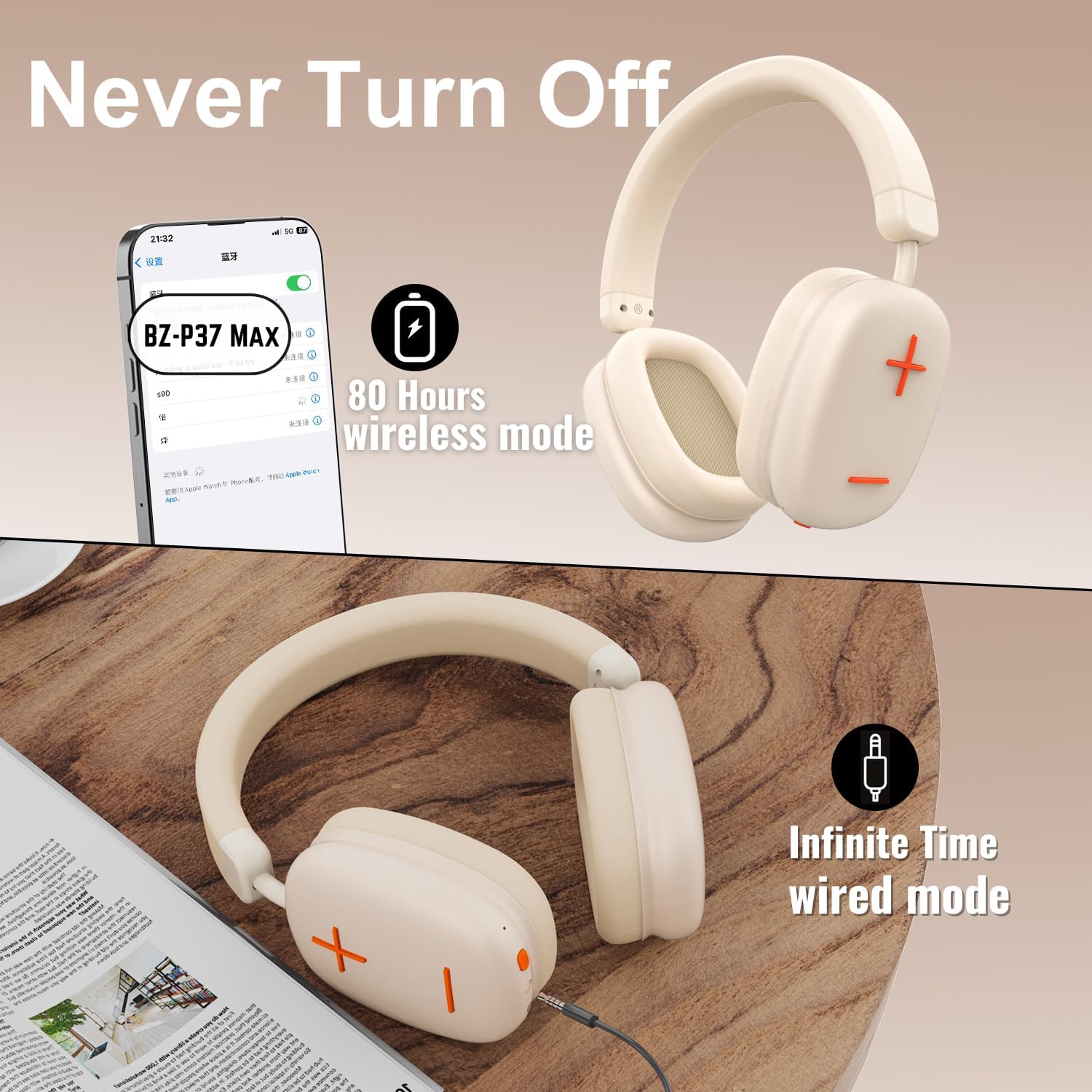 P37 Max Bluetooth Headphones Over The Ear,Beige Kenya Ubuy