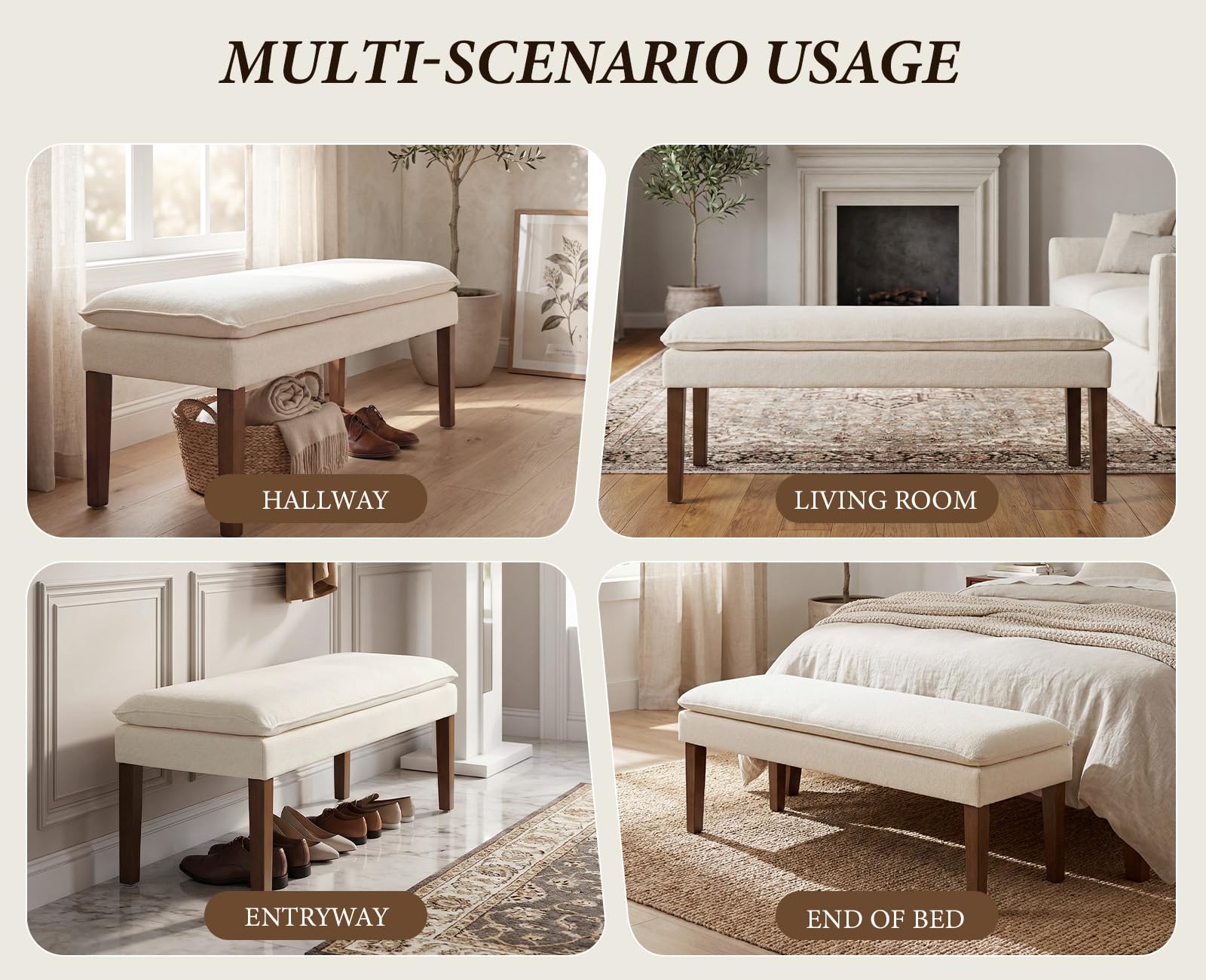 Ya-Home Banquette Rembourrée avec Pied en Bois Banc d'Entrée Moderne en Chenille, Banquette de Lit Designe Banc de Cuisine pour 2 Personnes, Blanc