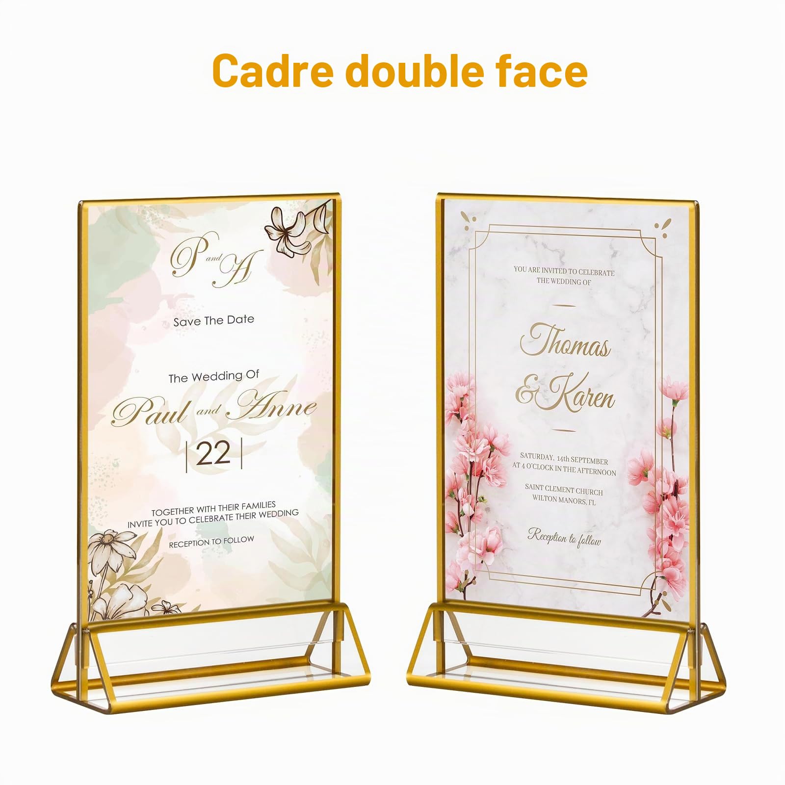 CECOLIC Lot de 6 Supports de Panneau en Acrylique Avec Bordures Dorées, Supports de Menu Double Face, Cadres Photo Transparents pour Panneaux de Menu, Numéros de Table de Mariage (10,2 x 15,2 cm)