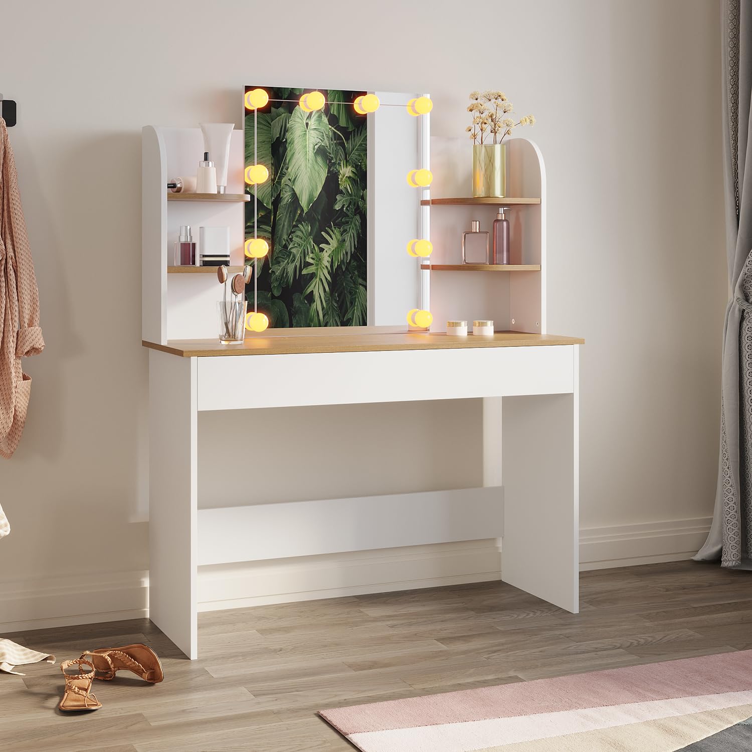 ZANOFIRA Dressing Table with Mirror, Vanity Table with Hollywood LED Lights, Wooden Modern Makeup Desk with 1 Large Drawer 6 Shelves for Bedroom, 108.5x39.5x139cm, White
