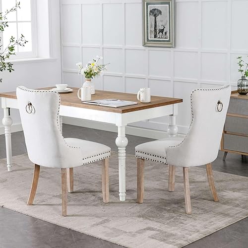 Miniatura 4 de Silla de comedor tapizada contemporánea sin brazos con patas de madera con diseño de cabeza de clavo, juego de 2, beige