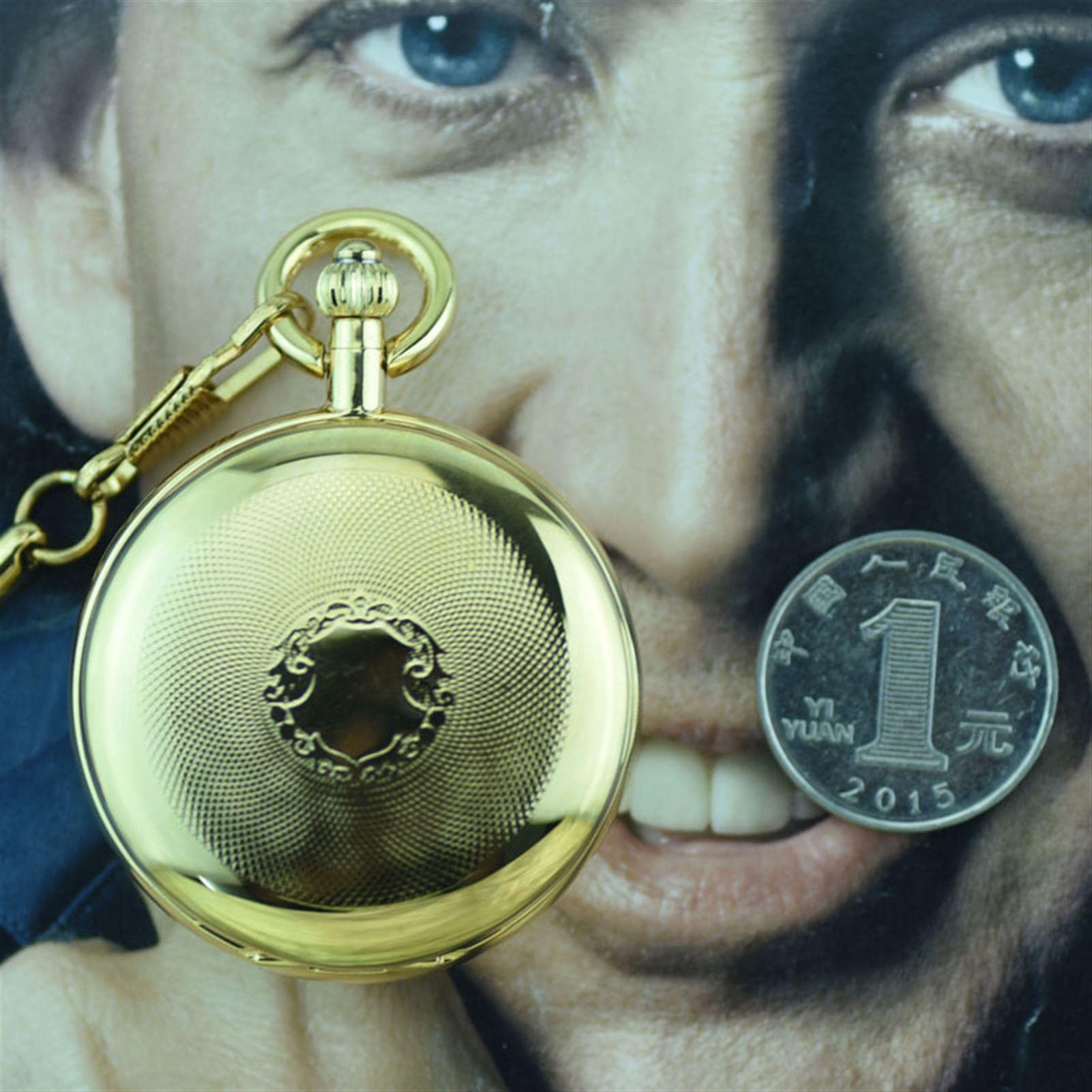 Relojes de Bolsillo, con Cadena Relojes mecánicos de Doble Cubierta Cobre Colgantes números Romanos Dorados en Caja