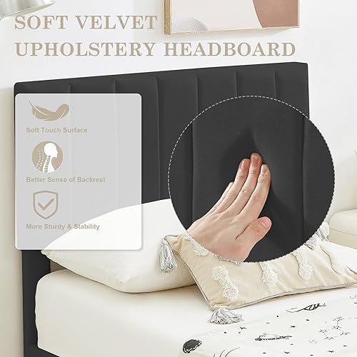 Miniatura 3 de Flolinda Base de cama de plataforma tamaño Queen con cabecera tapizada de terciopelo, base de colchón totalmente tapizada, no necesita somier, fácil