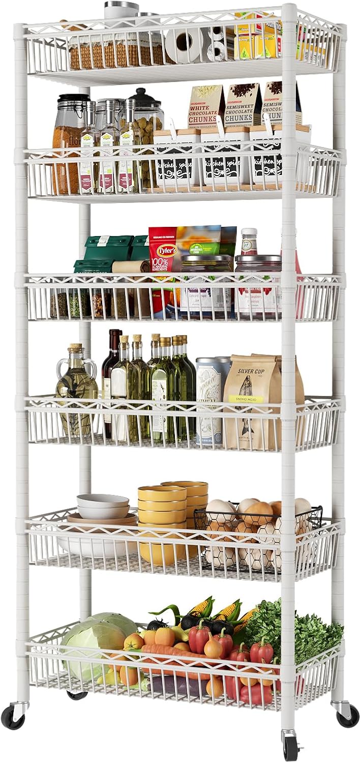 SINGAYE 6 Tier Big Basket Shelf Wire Shelving Unit Adjustable Storage Shelves Rack for Garage Kitchen Office Pantry Corner Metal with Wheels White