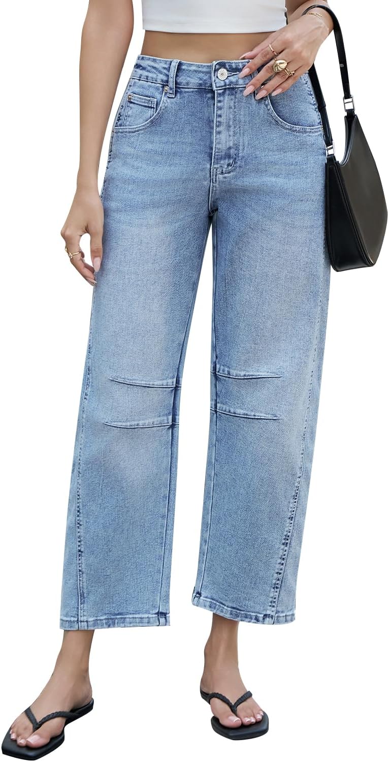 Mid Rise Barrel Jeans for Women Wide Leg Mid Waist Cropped Denim Pants Y2k Baggy Boyfriend Jeans with Pockets