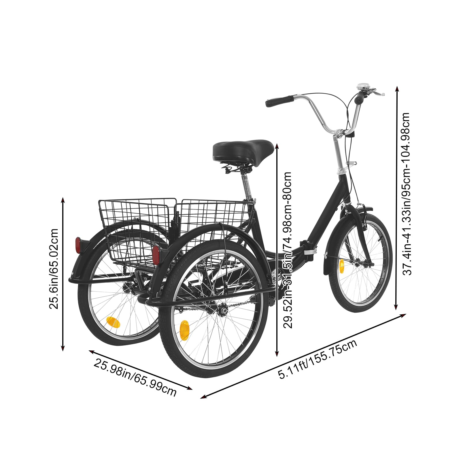 Dreirad für Erwachsene 20 Zoll 3 Rad Fahrrad mit Einkaufskorb Erwachsenendreirad bis 264.55lb Belastbar Dreirad höhenverstellbar Tricycle Fahrrad Cruiser Bikes für Senioren, Schwarz