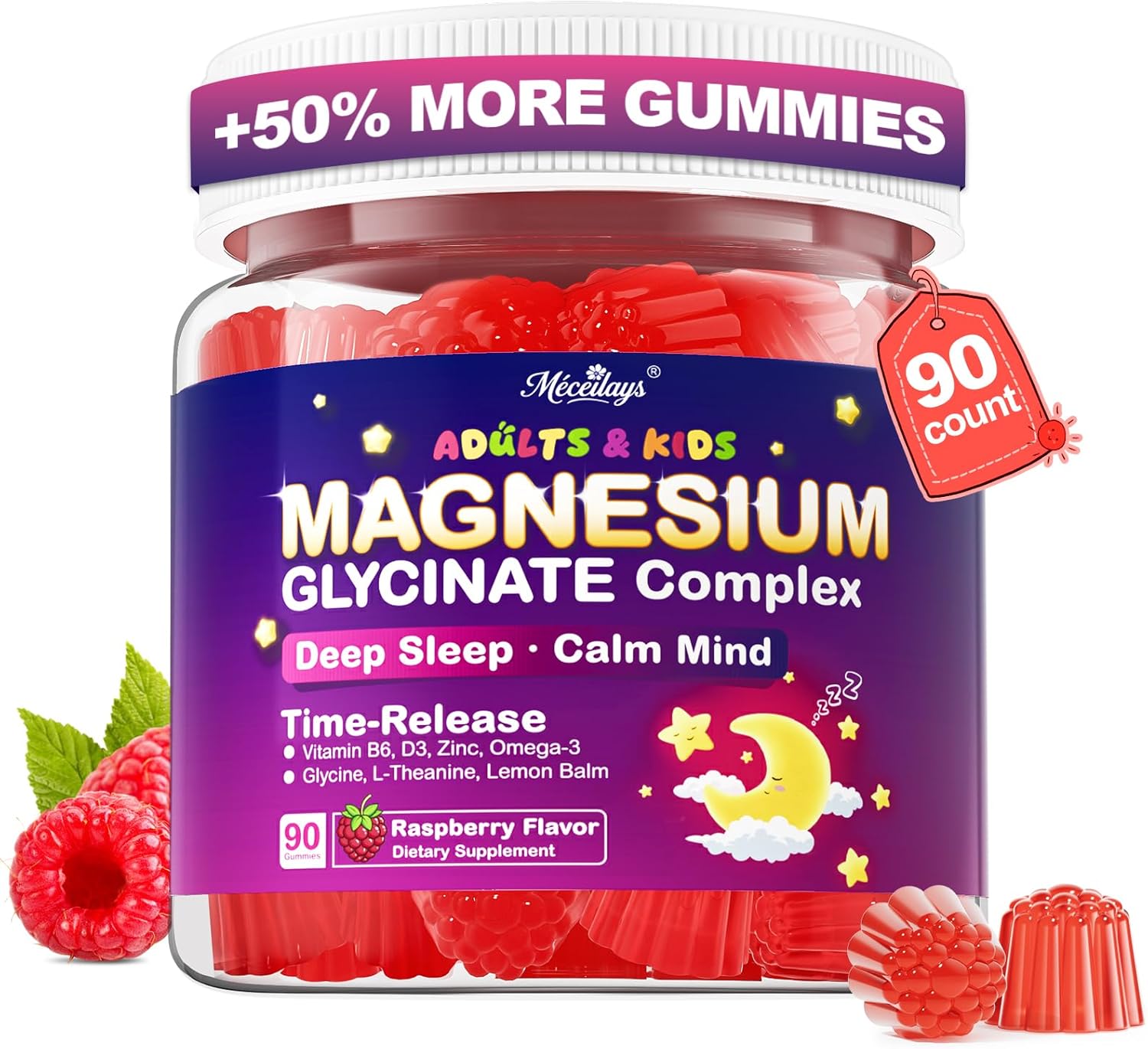 Magnesium Glycinate Gummies for Kids & Adults, 90 Counts No Melatonin Magnesium Gummies for Sleep & Calm, Sugar Free Vegan with Glycine, L-Theanine, B6, D3, Zinc & Omega 3 - Raspberry Flavor