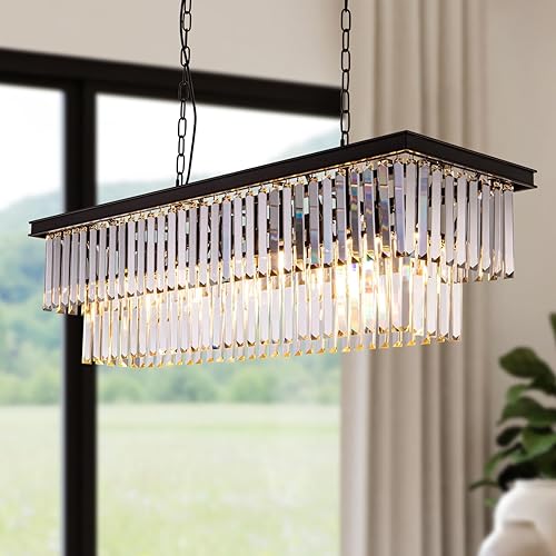Wellmet Candelabro de cristal negro de 40 pulgadas para comedor, 11 luces, moderno y lineal para colgar en el techo, lámpara de granja para sala de