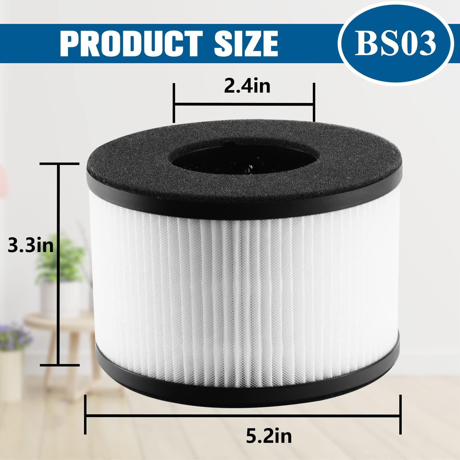 Diagram showing the dimensions of the BS-03 filter: 5.2 inches length, 5.2 inches width, 3.3 inches height.