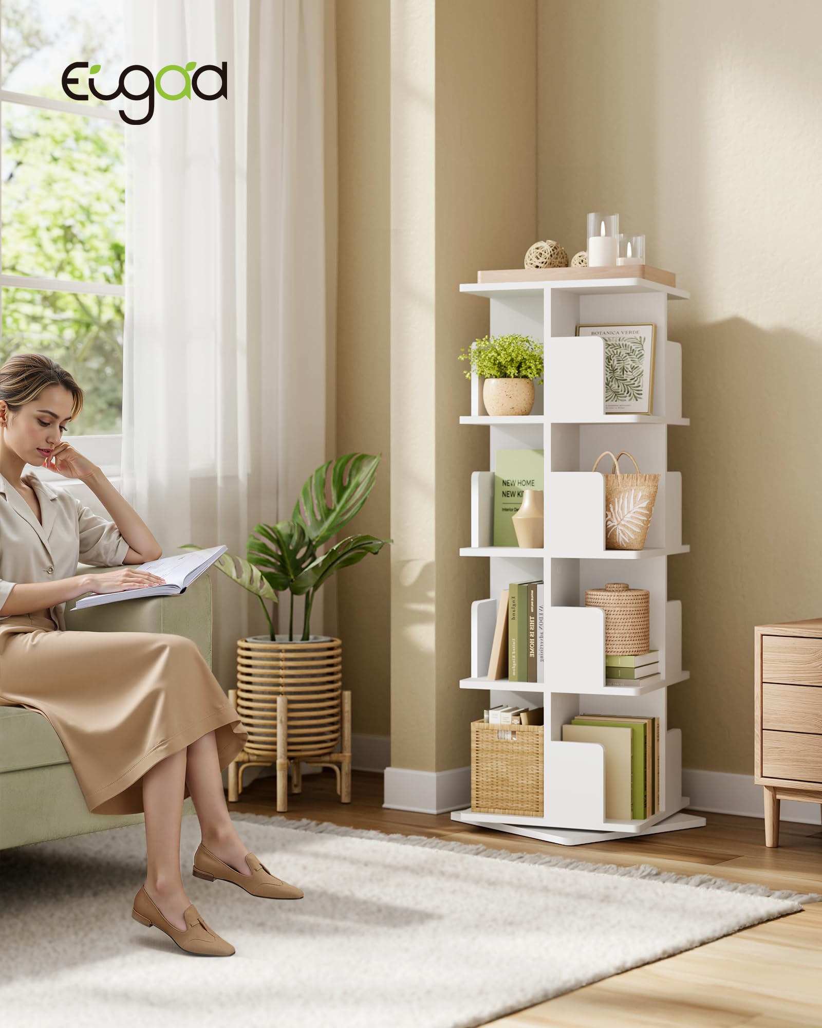 EUGAD Étagère Livre Rotative 360° à 4 Niveaux, Bibliothèque Colonne Tournante, Meuble de Rangement Moderne pour Salon, Bureau, Chambre, 40x40x129 cm, Blanc