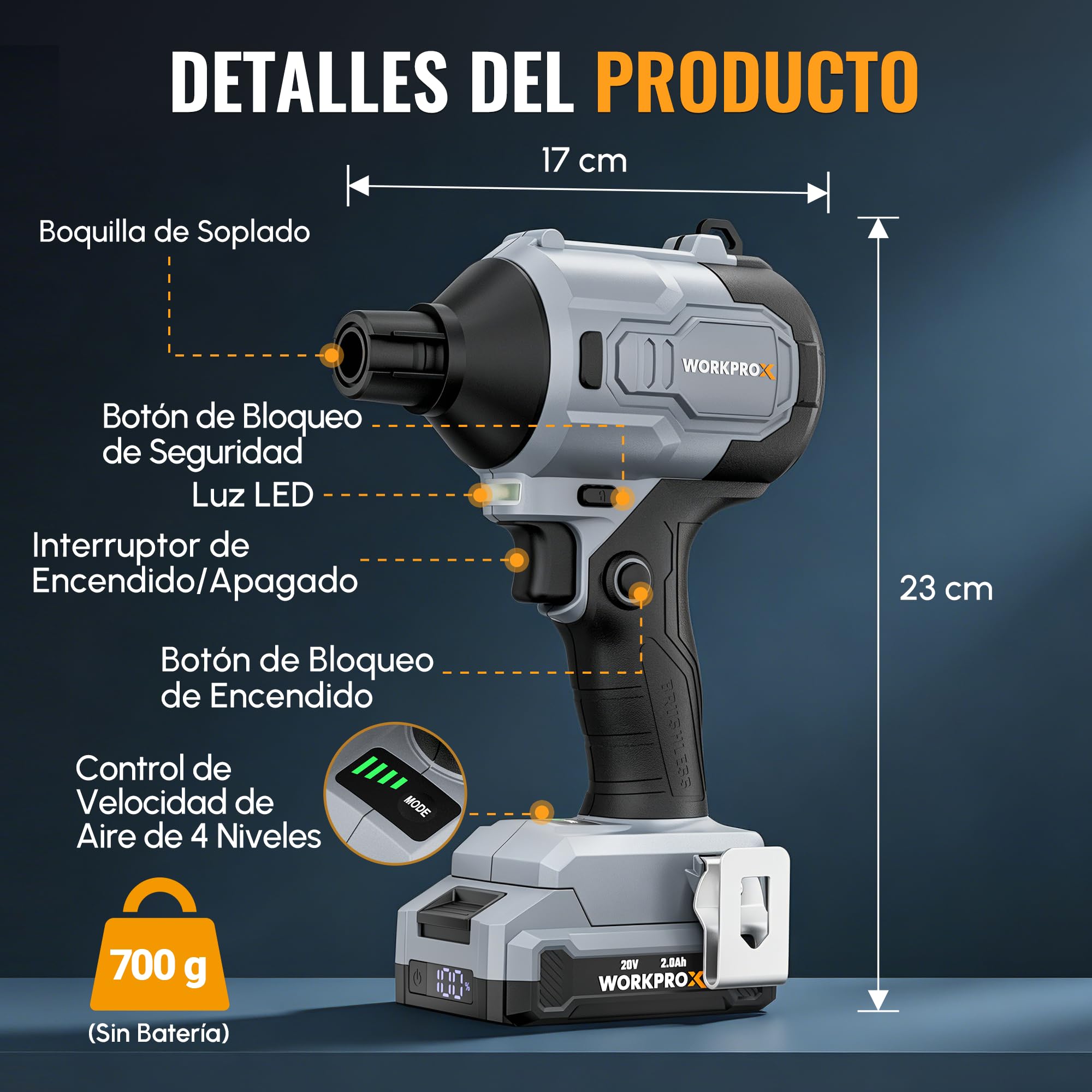 WORKPROX 20V Soplador de Aire Potente con Motor Sin Escobillas | Soplador Eléctrico con Batería Recargable de 2 Ah, 470 MPH, 4 Niveles de Velocidad, Función de Soplado/Aspiración, Luz LED
