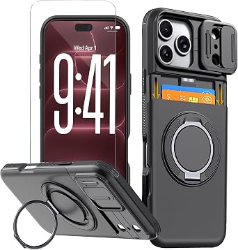 for iPhone 18 Pro Max / 17 Pro Max Wallet Case with Card Holder Slide Camera Cover Ring Stand Heavy Duty Protective Case with Screen Protector for iPhone 18 Pro Max/17Pro Max Black