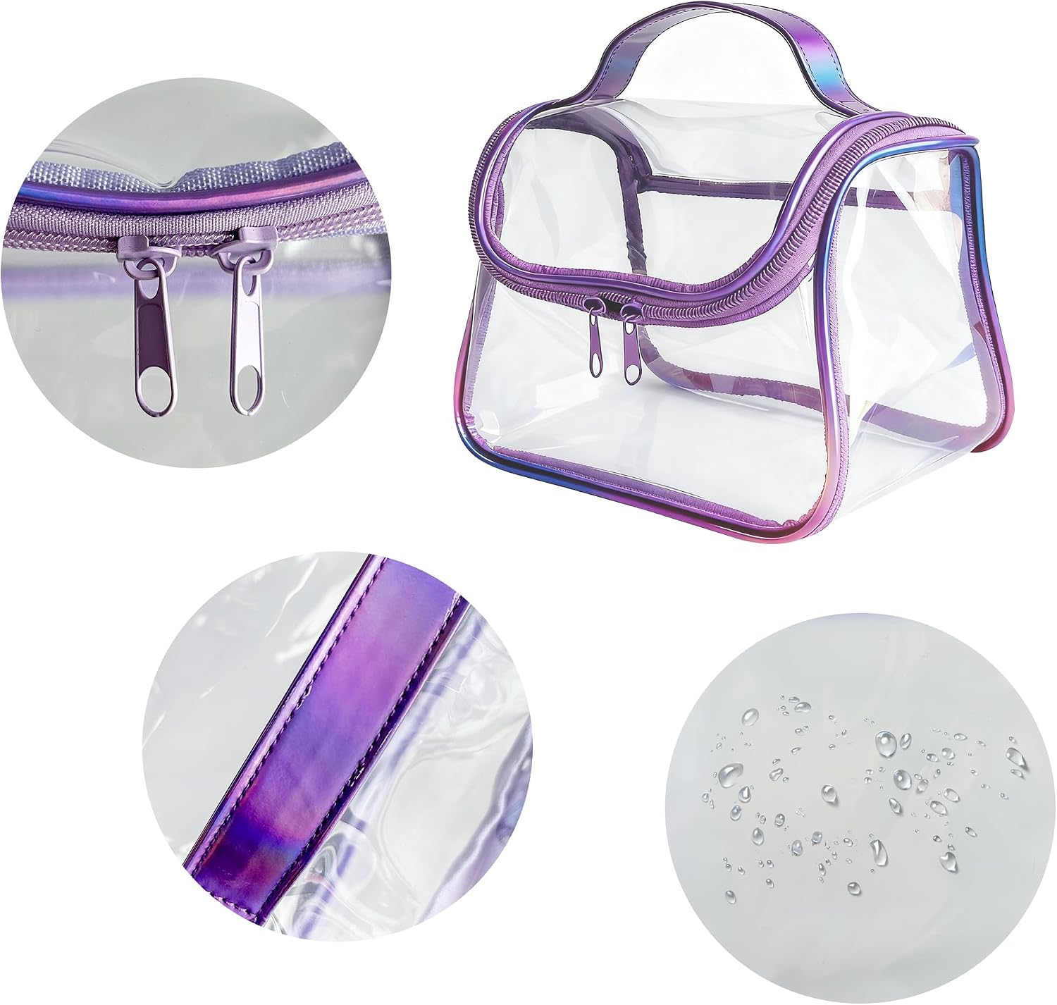 Heavy Duty Clear Travel Makeup Bag, 9.05 x 5.9 x 5.51 inches, Transparent Waterproof Toiletry Organizer with Handle PVC Cosmetic Wash Bath Storage Bag (Purple)