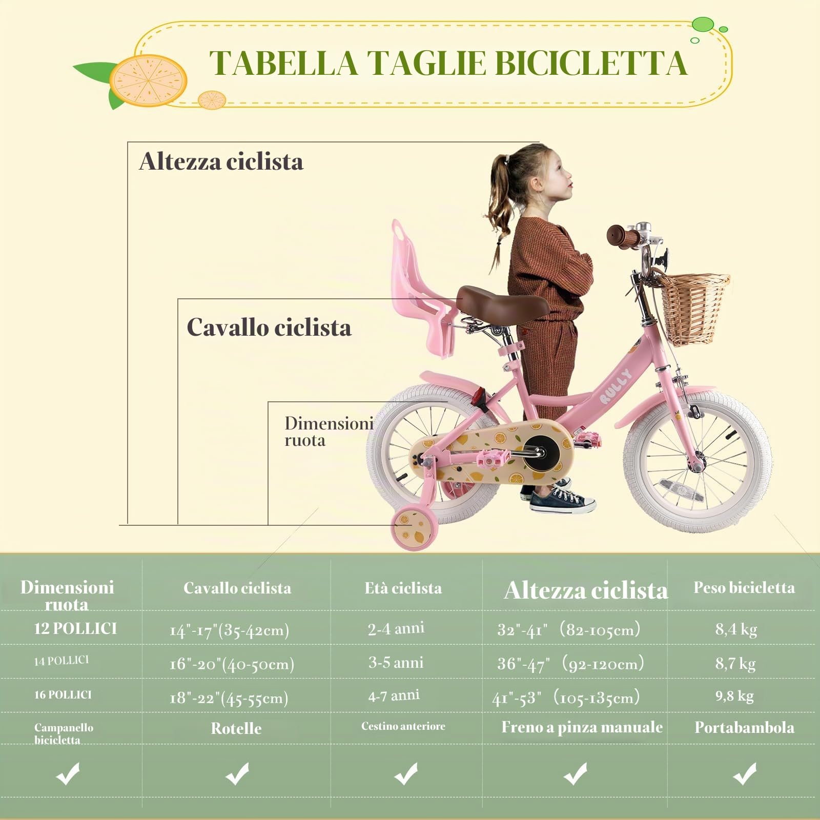RULLY Fruit Bicicletta per Bambina 12 14 16 Pollici per Età 2-7 Anni, con Rotelle, Bicicletta con Cestino e Seggiolino per Bambola