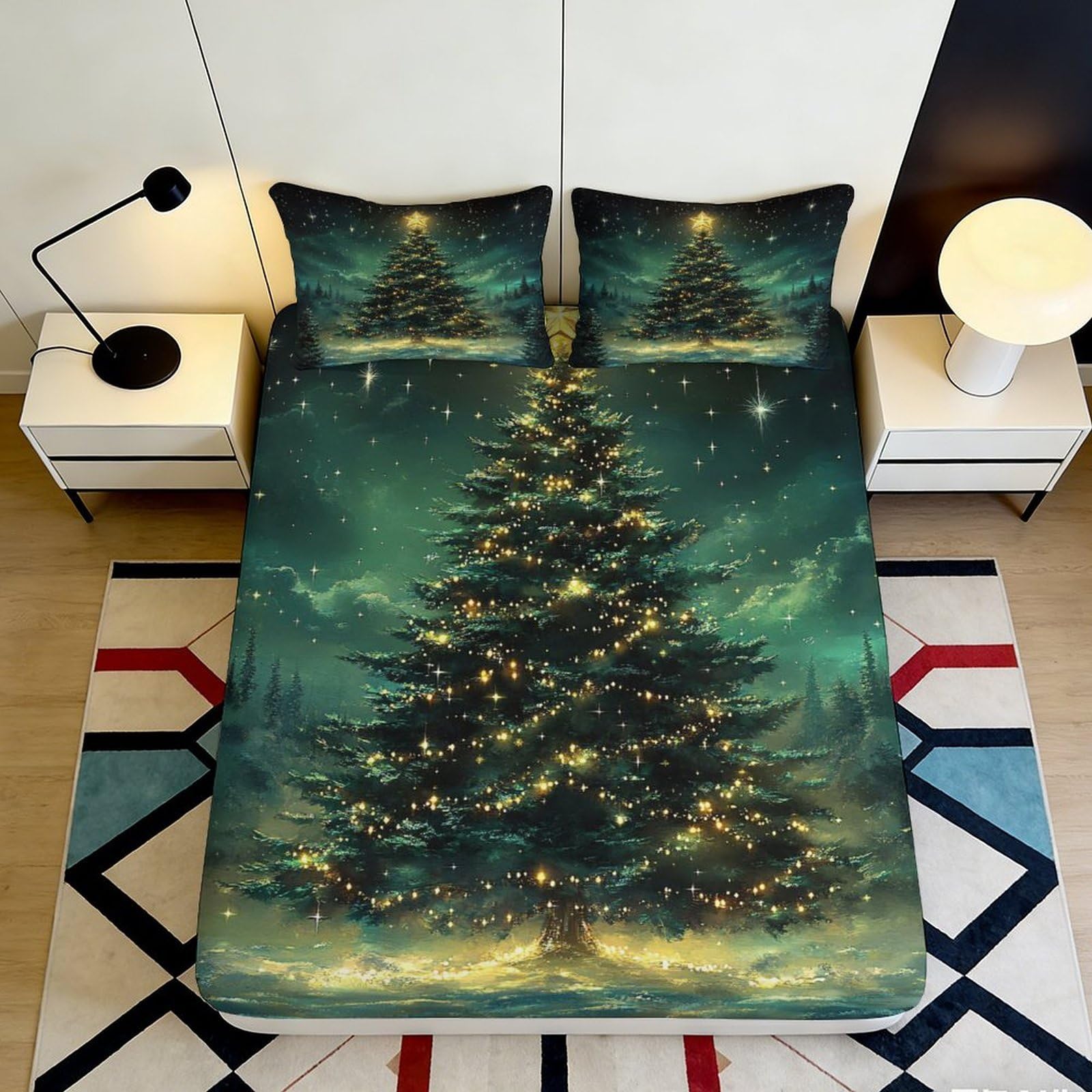 3D Printed Christmas Tree Fitted Sheet Microfiber Elastic Hem Bedroom Bedding Christmas Tree Mattress Fitted Cover 90x200x25cm