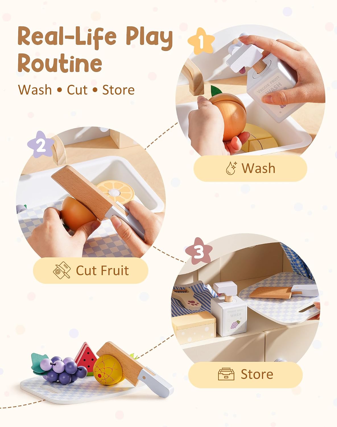ROBOTIME Toy Kitchen Cabinet with Realistic Sink and Faucet, Interactive Play Kitchen Sink with Running Water, Pretend Cleaning & Storage Activities for Kids, Perfect Addition to Kids Kitchen Playset image 4