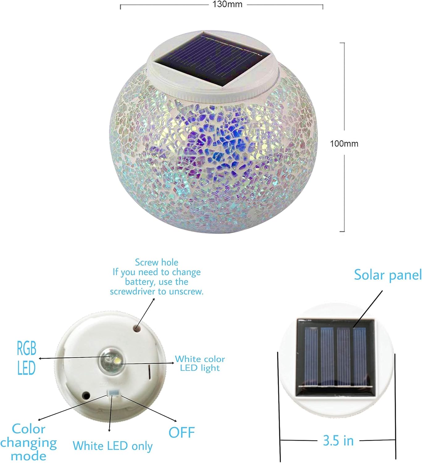 Solar Glass Ball Table Light Color Changing Solar Powered Mosaic Crackle Glass Table Lamps Waterproof LED Night Light for Bedroom Yard Patio Halloween Christmas Decorations (Crackle Glass, White) - - 
