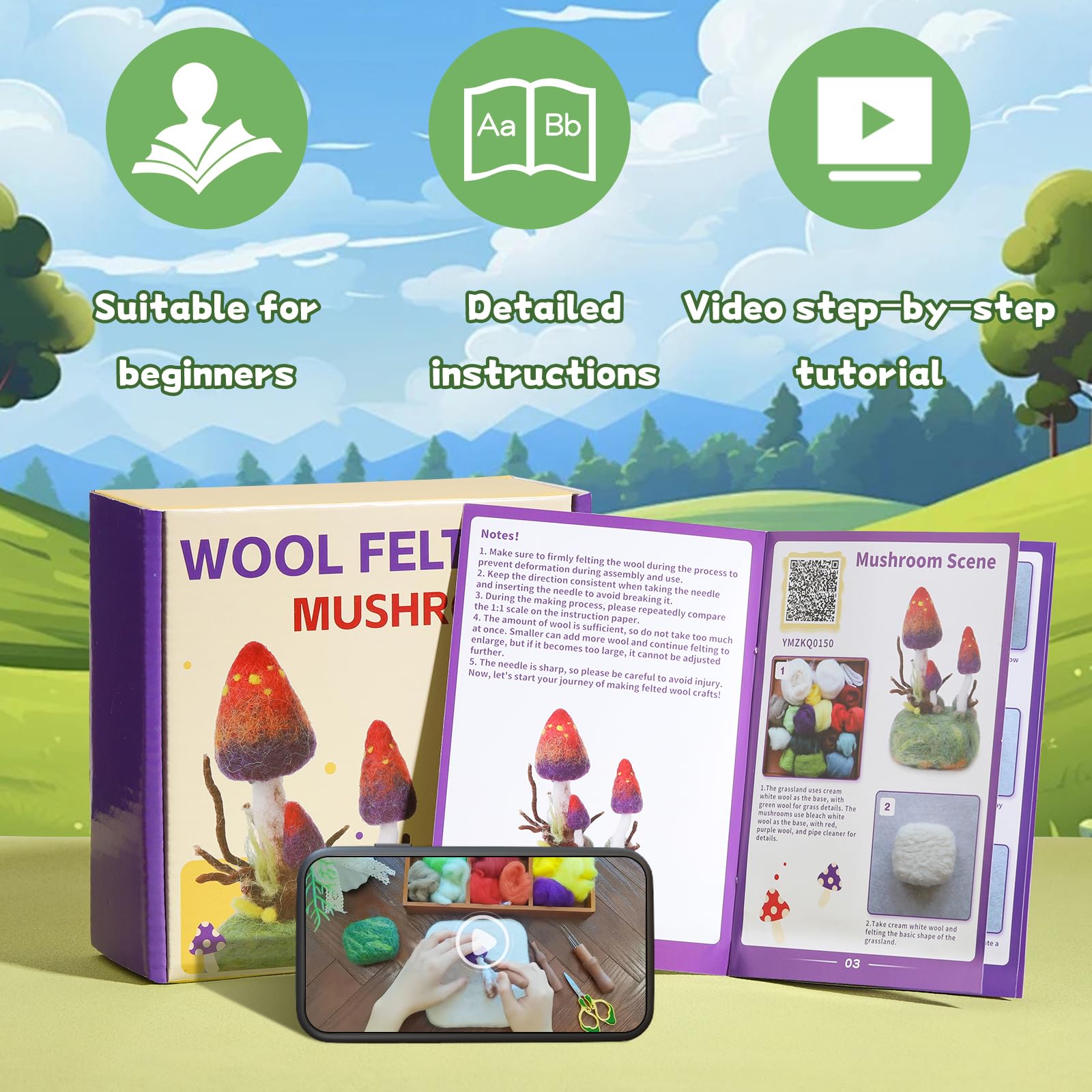 Yizzvb Kit de fieltro de aguja de hongos, kits de fieltro para principiantes y adultos, kit de fieltro de lana con almohadilla de fieltro, agujas de fieltro e instrucciones (idioma español no