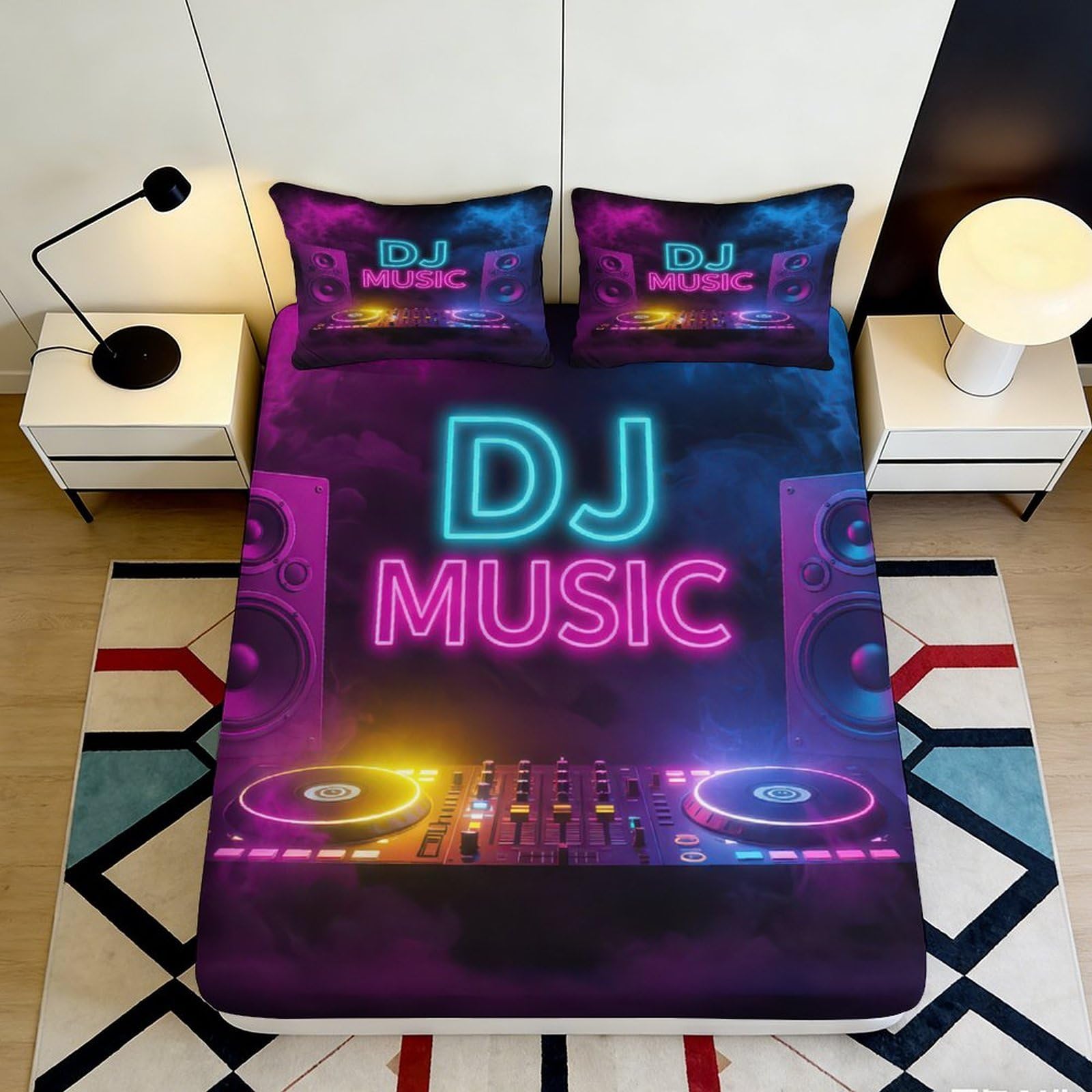3D Printed Neon DJ Music Fitted Sheet Microfiber Anti-Slip Bed Cover for Bedroom Dorm Mattress Protection Decor 180x200x25cm