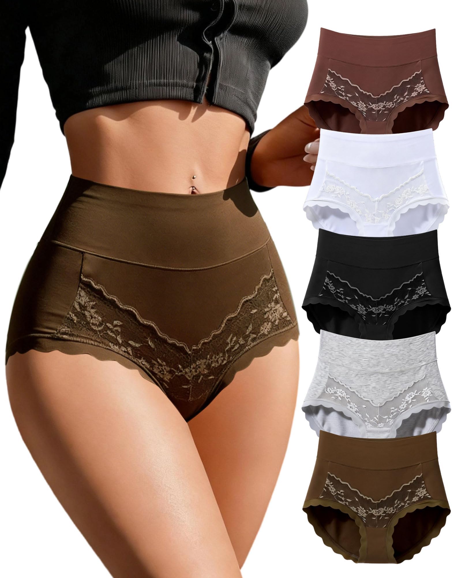 Womens Cotton High Waisted Underwear Full Coverage Lace Panties Scalloped Edge Briefs 5 Pack Regular & Plus Size