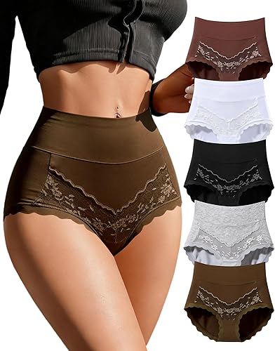 Annenmy Womens Cotton High Waisted Underwear Full Coverage Lace Panties Scalloped Edge Briefs 5 Pack Regular & Plus Size