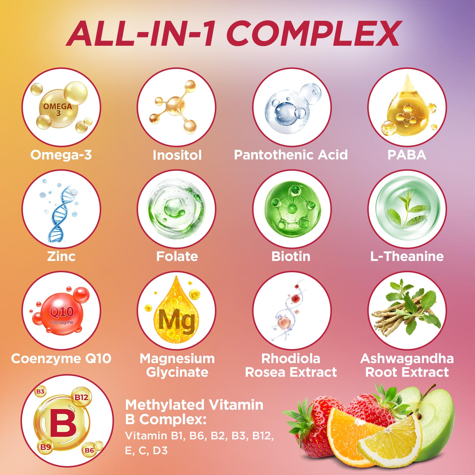 Methylated Vitamin B Complex Gummies for Women & Men with Vitamin B1, B2, B3, B5, B6, B7, B9, B12 & Magnesium, Omega-3, CoQ10, Supports Brain Health, Energy, Immune, Sugar Free, Fruit Flavor, 120ct — Amazon image 3