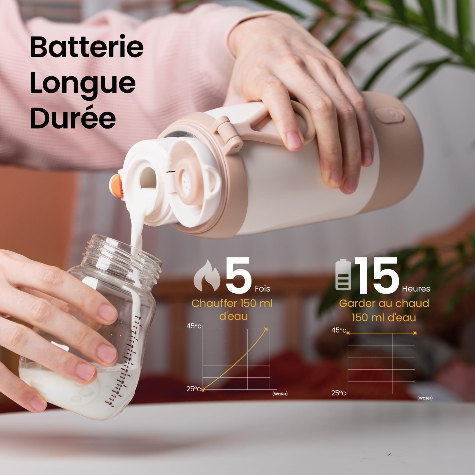 Chauffe Biberon Nomade Sans Fils, Capacité 500ml, Chauffe Rapide + Température Précise, Chauffe-Eau Portable pour Voiture Avion, Batterie 5200 mAh