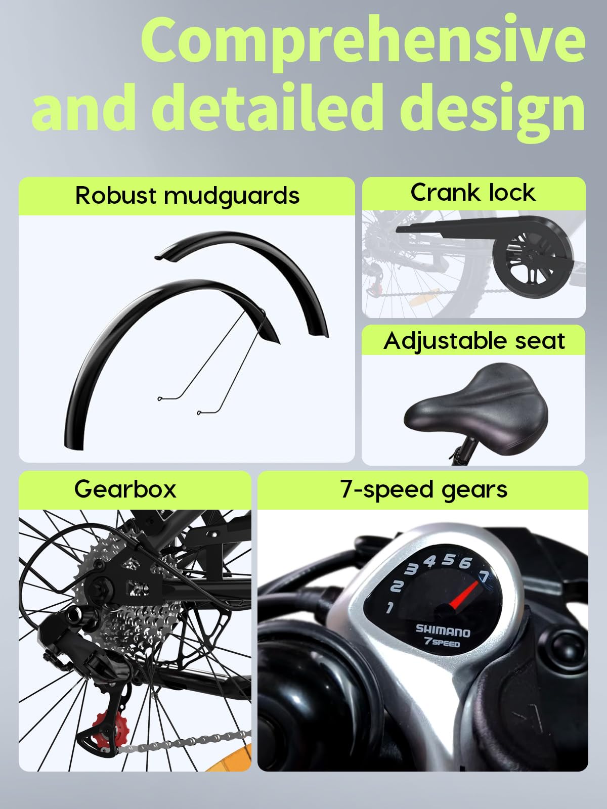 26" Elektrofahrrad, 250-W-Motor, herausnehmbarer 36-V-13-Ah-Akku, bis zu 100 km Reichweite, 7 Gänge, 25 km/h Unterstützung, Unisex-E-Bike, City-Elektrofahrrad (Grau)