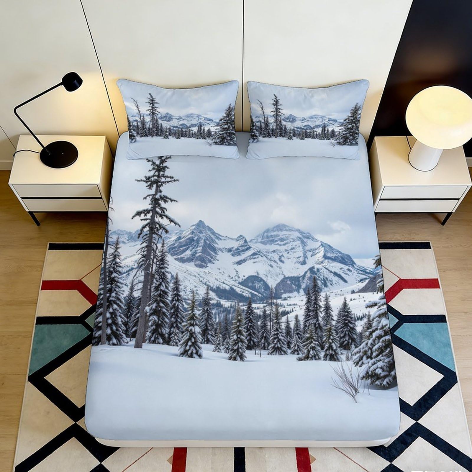 3D Printed Snow Mountain Forest Fitted Sheet Microfiber Deep Pocket Non-Slip Bedroom Bedding Snow Scene Mattress Fitted Cover Washable for Adults 140x200x25cm