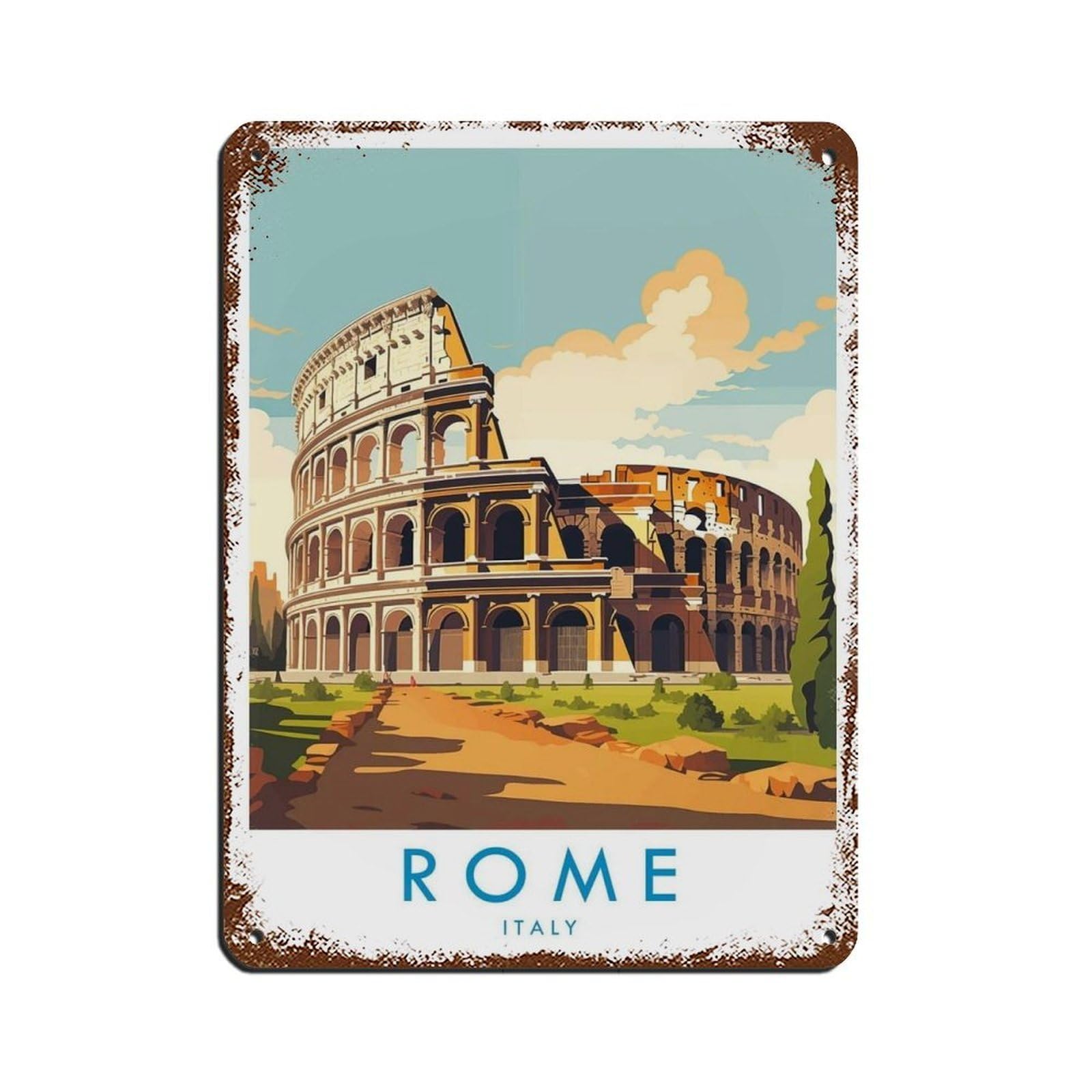 Rome Travel Poster, Italy Tin Sign Vintage Metal Pub Club Cafe Bar Home Wall Art Decoration Poster Retro 12x16inch(30x40cm)