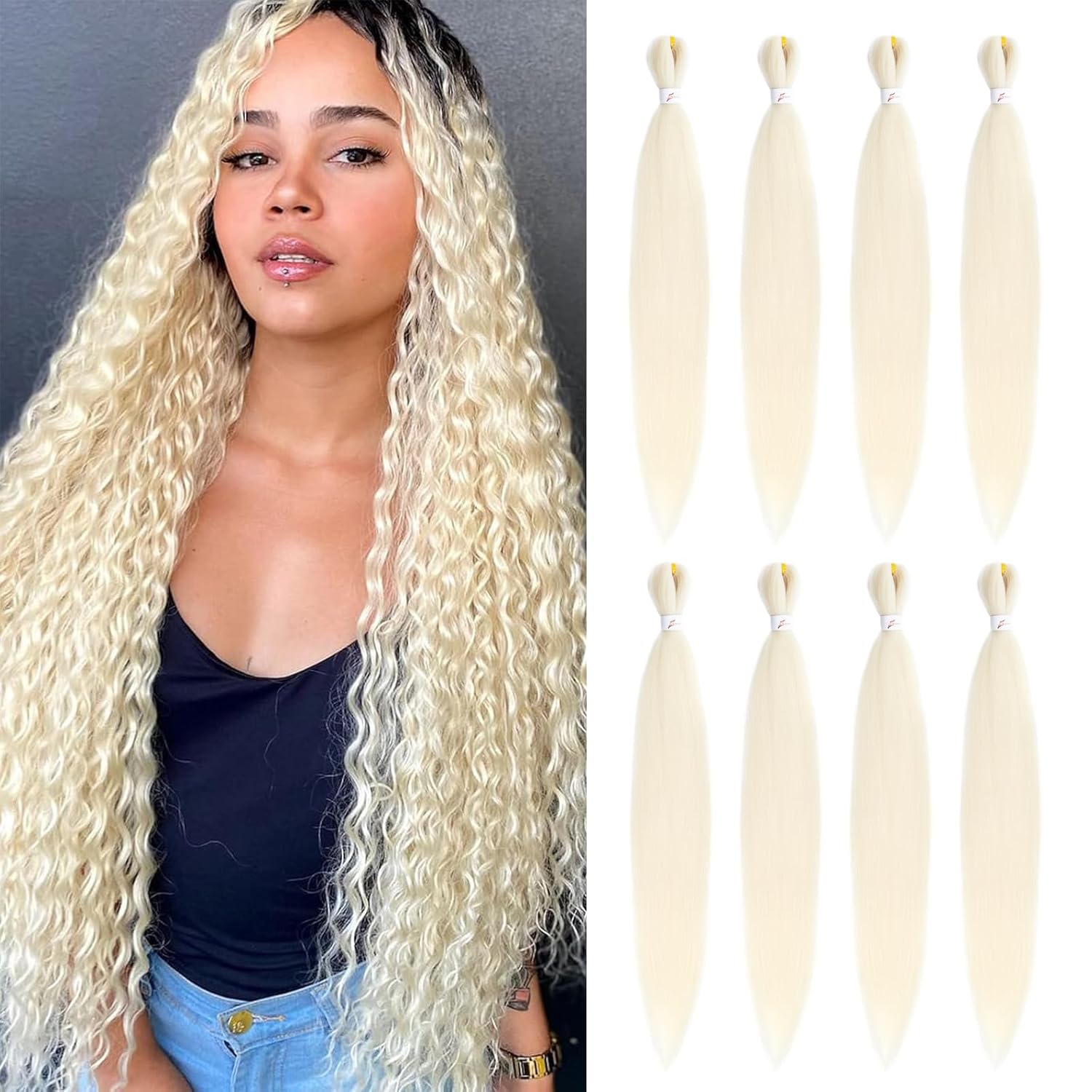 Braiding Hair 28 Inch 8 Packs Pre Stretched Braiding Hair Extensions Hot Water Setting Yaki Straight Synthetic Braiding Hair (#613, 28 Inch8packs)