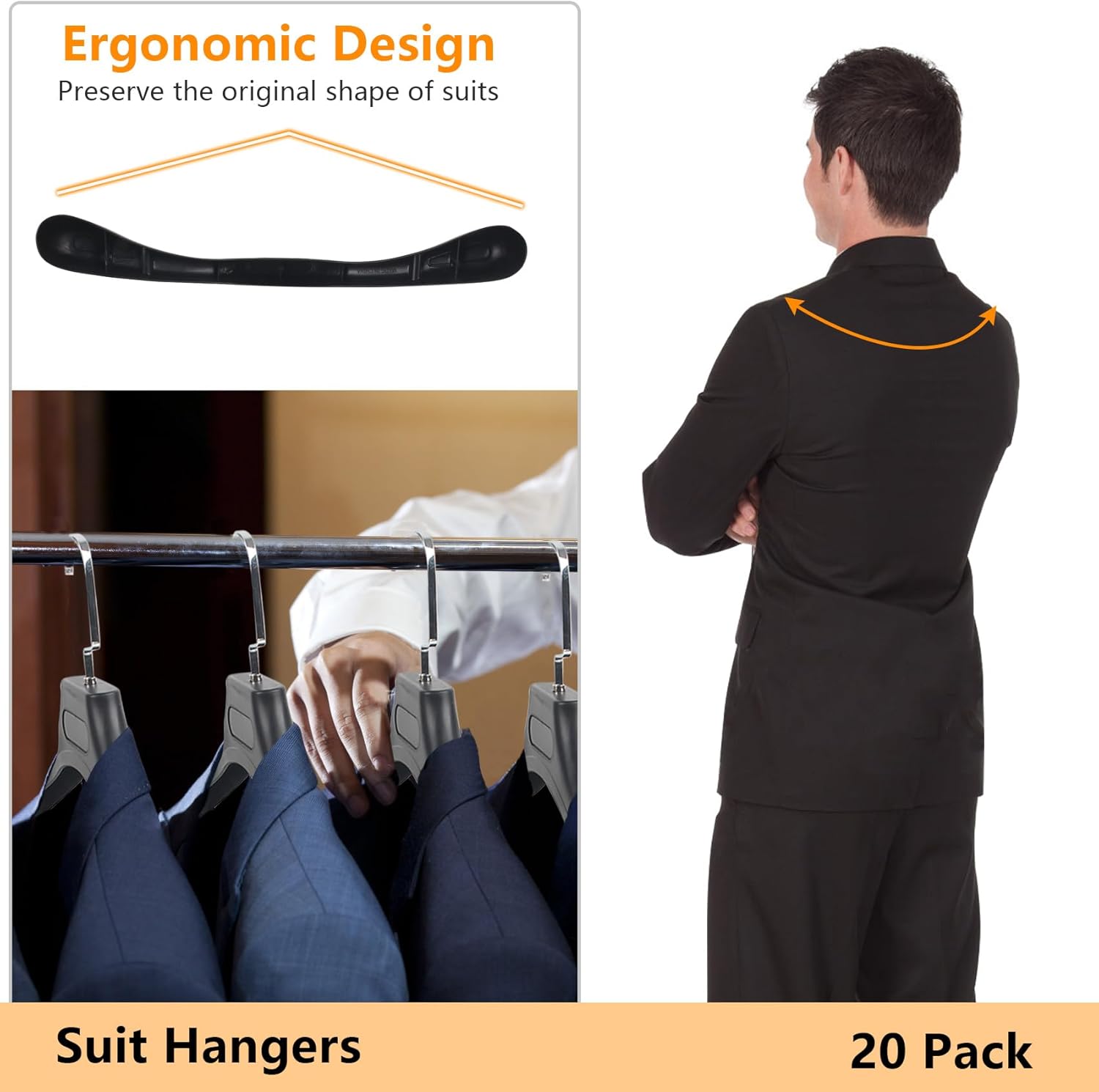 DEDU Suit Hangers for Men 20 Pack, Extra Wide Suit Hanger Non Slip Width 17.7", Thick Plastic Coat Hangers Black with Metal Hook