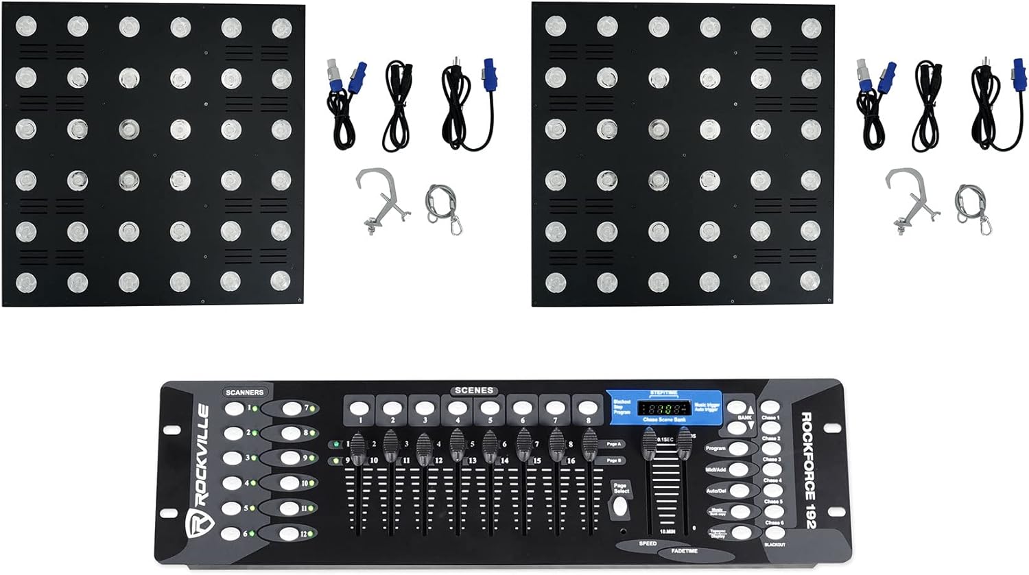 Rockville Stage Matrix 36 Bundle: (2) RGB 6x6 Tri-Colored Matrix Blinder Lights for DJ, Stage, and Band, ROCKFORCE 192-Channel DMX Lighting Controller, 3-Items