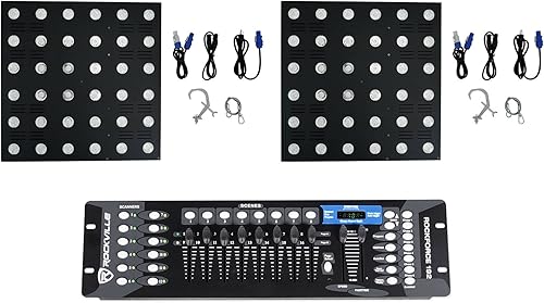 (2) Rockville Stage Matrix 36 RGB 6x6 Tricolor Matrix Blinder Light DJ/Stage/Band Bundle con controlador de iluminación ROCKFORCE 192 canales de