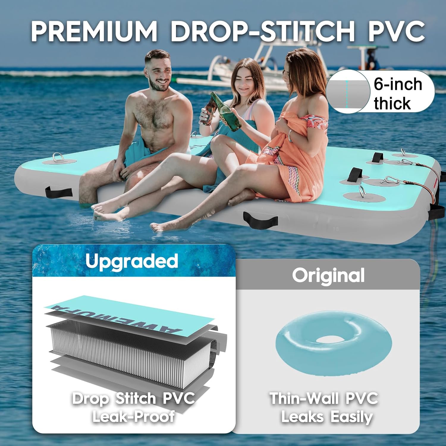 AWEMUFA Inflatable Floating Dock with Ramp 5ft/6ft/8ft/10ft Inflatable Dock Floating Platform, Floating Island Mat Boat Float Lake Floats, Large Rafts Floaties for Adult Pool Ocean Beach Boat Parties