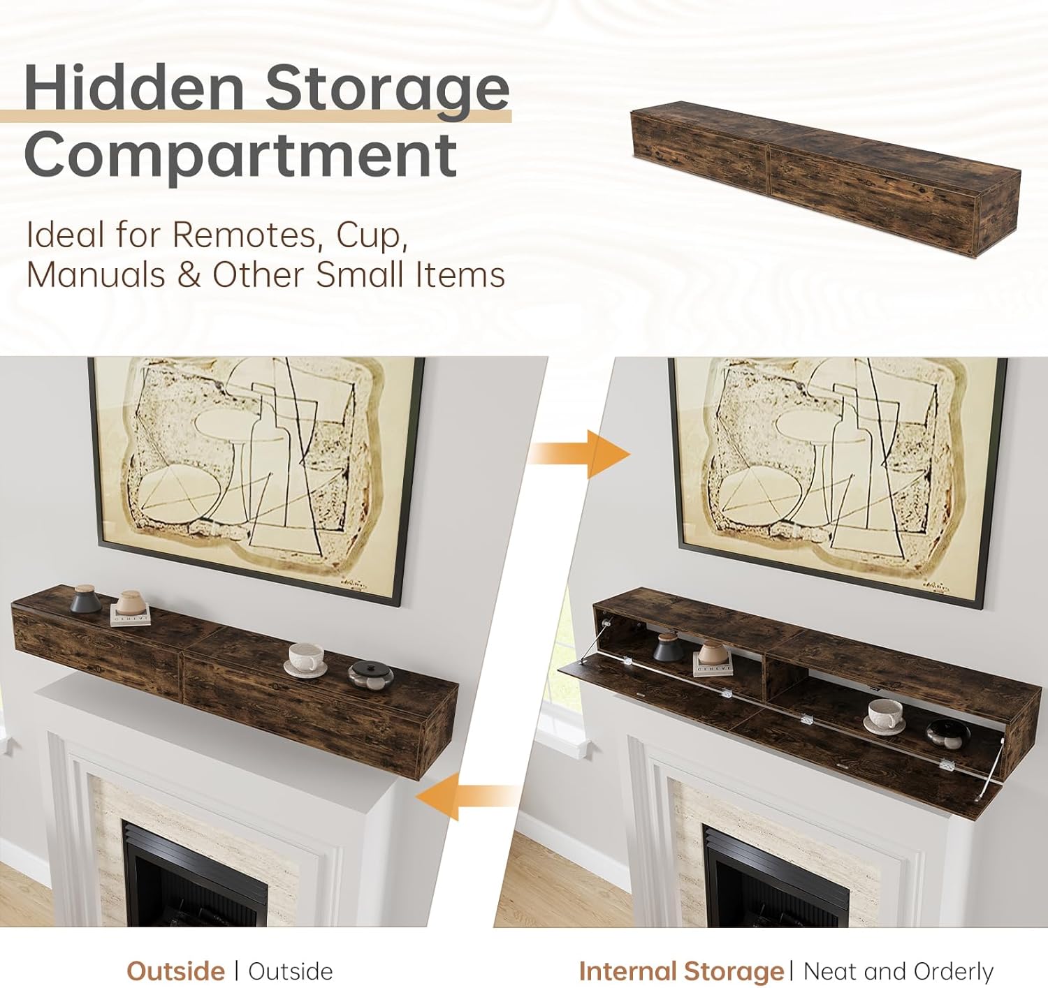 60inch Fireplace Mantel Shelf with Hidden Storage – MDF Wood Wall-Mounted Shelf, Farmhouse Floating Mantel for Fireplace or Living Room, DIY Assembly Required,Brown (60Lx8Dx7H)