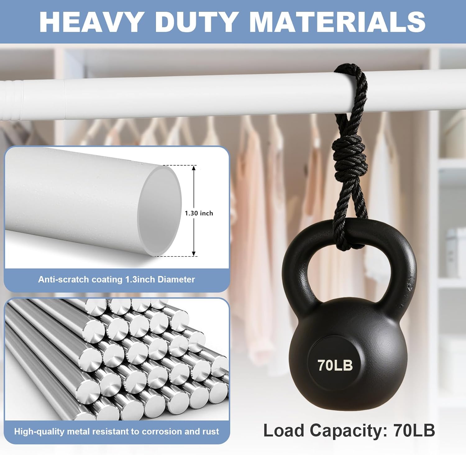 Closet Rods For Hanging Clothes,17-39 Inches Stepless Spring Adjustable Closet Rod With bracket U-shaped,1.3 Inches Heavy Duty White Closet Hanging Rod For Wardrobe,Laundry room,Bathroom And Windows