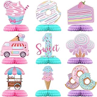 Hotop 9 Pcs Donut One Sweet Birthday Party Decorations Table Honeycomb Centerpieces Table Topper Doughnut Birthday Sign Decor Girls Theme Party Supplies for Baby Shower